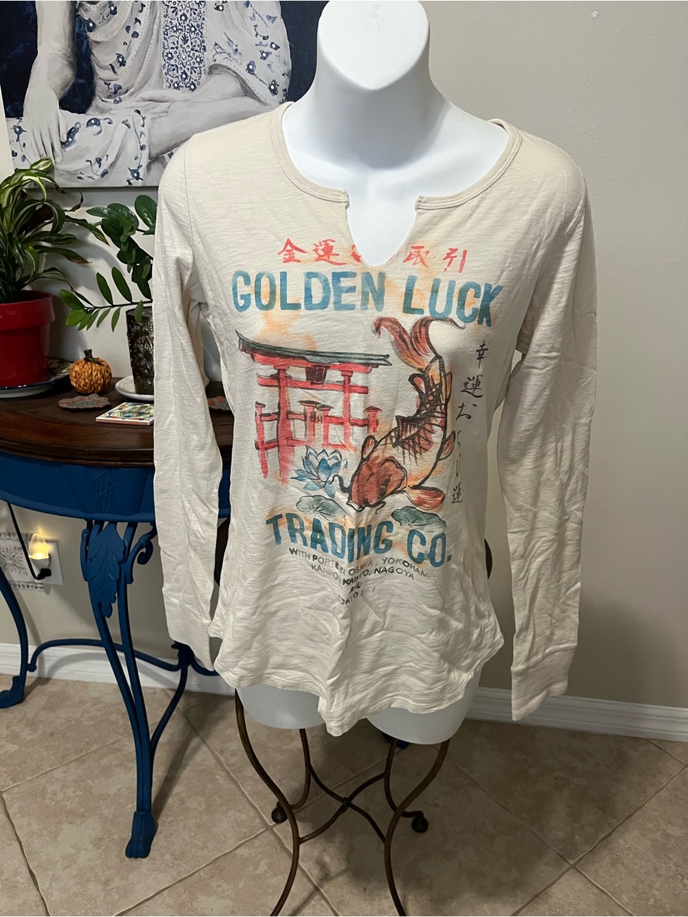 Lucky Brand Lucky Tees Cotton Long Sleeve T-shirt - Golden Luck Koi Fish - M